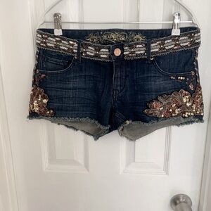 Express Gold Dark Wash Hand Beaded Sequin‎ Rhinestone Embellished Shorts